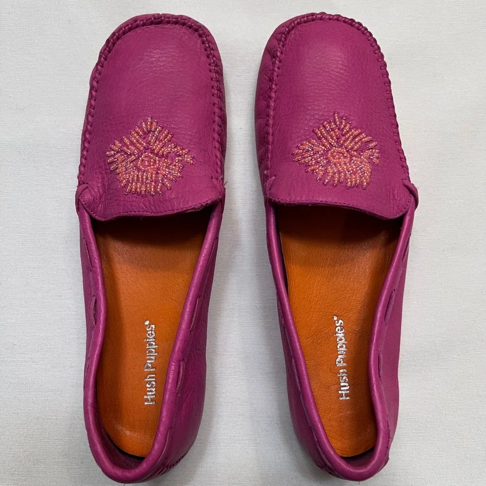Hush Puppies Magenta Pink Beaded Boho Leather Moccasin Loafers Flats Size 7.5M